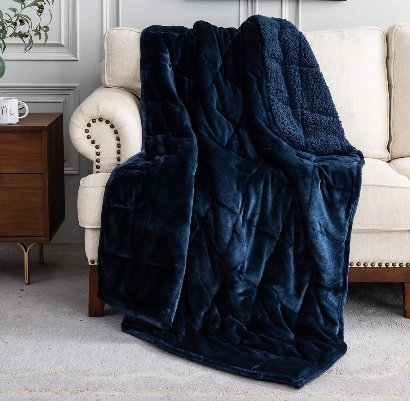 Weighted Fleece Blanket 15Lbs for Twin Size Bed, Mr.Sandman Cozy Sherpa Heavy Blanket for Adults Relieve Stress - 48"X72" Navy Blue
